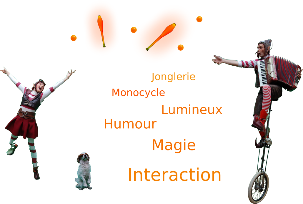 Montage photo des lutins texte: Jonglerie, Monocycle, Lumineux, Humour, Magie, Interaction. elle saute et lance des balles et des massues lui en équilibre sur un monocycle avec un accordéon. il y a aussi un petit chien.